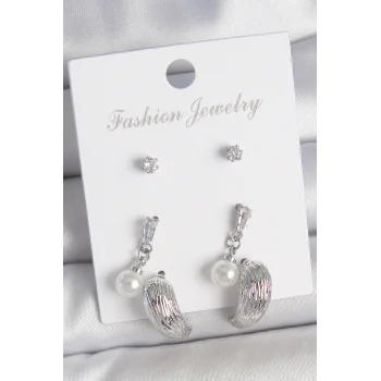 Pirinç Gümüş Renk Sallantılı Zirkon Taşlı Damla Model 3 Çift Kadın Küpe Seti