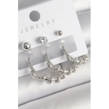 Pirinç Gümüş Renk Sarmal Yılan Halka Model Zirkon Taşlı Topçuk Detay Kadın Küpe Seti