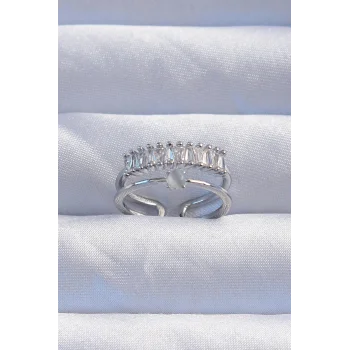 Pirinç Gümüş Renk Sedefli Zirkon Taşlı Su Yolu Model 2li Görünüm Ayarlanabilir Yüzük