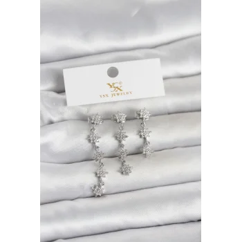 Pirinç Gümüş Renk Sıralı Kutup Yıldızı Model 3lü Kadın Küpe