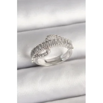 Pirinç Gümüş Renk Su Yolu Zirkon Taşlı Ayarlanabilir Model Kadın Yüzük