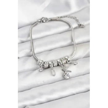 Pirinç Gümüş Renk Tinkerbell Charmlı Kadın Bileklik