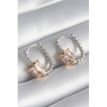 Pirinç Gümüş Renk Top Model Gold Renk Zirkon Taşlı Kadın Küpe