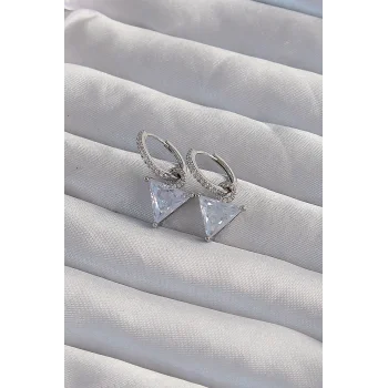 Pirinç Gümüş Renk Üçgen Zirkon Taşlı Sallantılı Halka Küpe