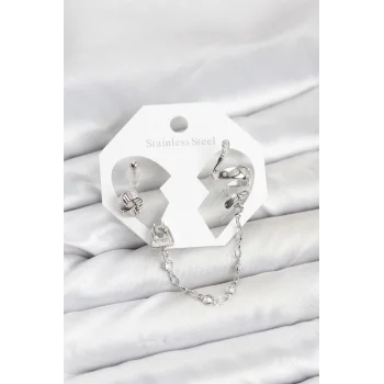 Pirinç Gümüş Renk Yılan Model Zincir Bağlantılı Ear Cuff Küpe Seti