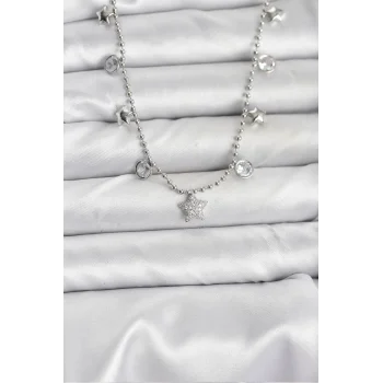 Pirinç Gümüş Renk Yıldız Model Kadın Kolye