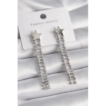 Pirinç Gümüş Renk Yıldız Model Su Yolu Zirkon Taş Kadın Küpe