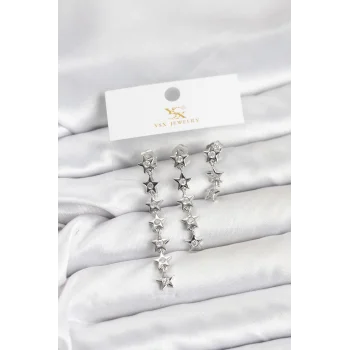 Pirinç Gümüş Renk Yıldız Model YSX Trio Küpe Seti