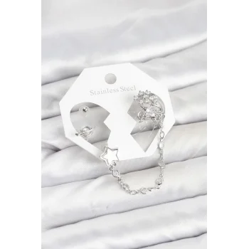 Pirinç Gümüş Renk Yıldız Model Zincir Bağlantılı Ear Cuff Küpe Seti
