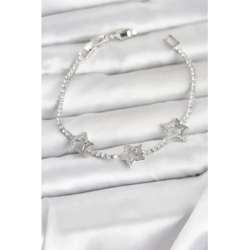 Pirinç Gümüş Renk Yıldız Model Zirkon Taşlı Su Yolu Kadın Bileklik