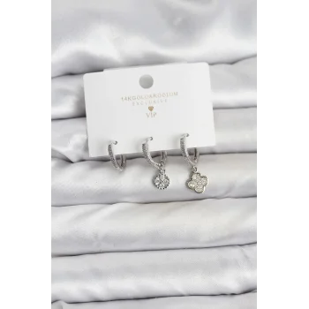 Pirinç Gümüş Renk Yonca Model 3lü Kadın Küpe Seti