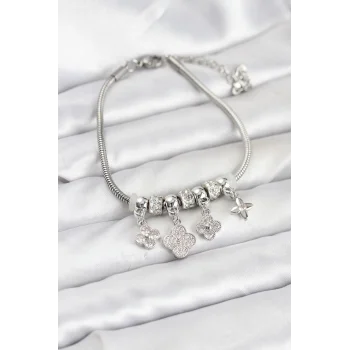 Pirinç Gümüş Renk Yonca Model Kadın Bileklik