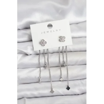 Pirinç Gümüş Renk Yonca Model Sallantılı Kadın Küpe