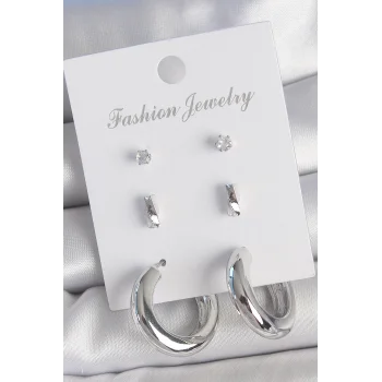 Pirinç Gümüş Renk Zirkon Taş Detay Halka Model 3 Çift Kadın Küpe Seti