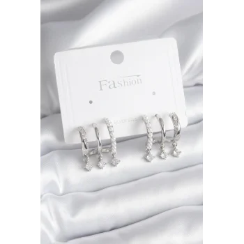 Pirinç Gümüş Renk Zirkon Taş Detay İncili Kadın Küpe