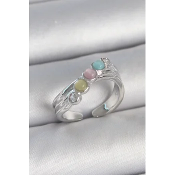 Pirinç Gümüş Renk Zirkon Taş Detaylı Renkli Mineli Ayarlanabilir Kadın Yüzük