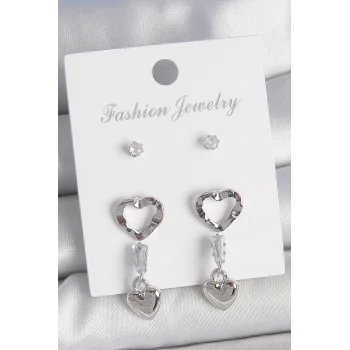 Pirinç Gümüş Renk Zirkon Taş Detaylı Sallantı Model 2 Çift Kadın Küpe Seti