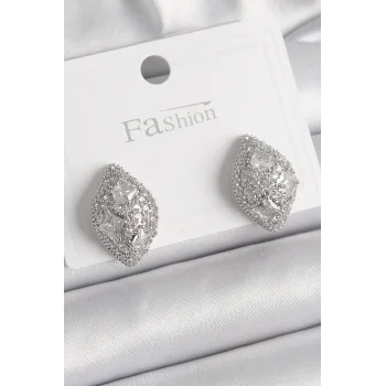 Pirinç Gümüş Renk Zirkon Taş İşlemeli Damla Model Kadın Küpe