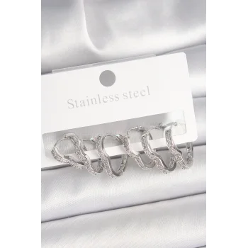 Pirinç Gümüş Renk Zirkon Taşlı 3 Çift Kalp Model Kadın Küpe