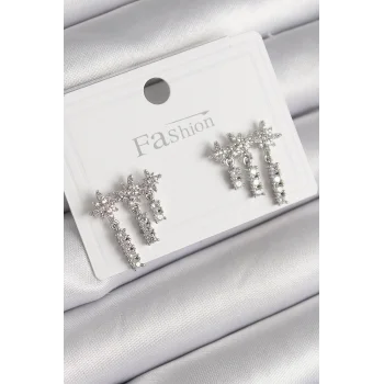 Pirinç Gümüş Renk Zirkon Taşlı 3Lü Sallantı Yıldız Model Kadın Küpe