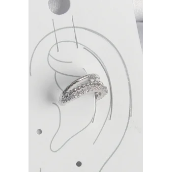 Pirinç Gümüş Renk Zirkon Taşlı 3Lü Sıralı Kadın Kıkırdak Küpe