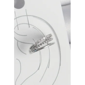 Pirinç Gümüş Renk Zirkon Taşlı 3Lü Sıralı Model Kadın Kıkırdak Küpe