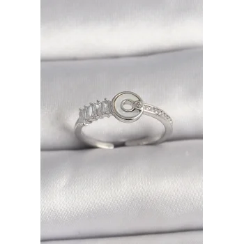 Pirinç Gümüş Renk Zirkon Taşlı Ayarlanabilir Kadın Yüzük
