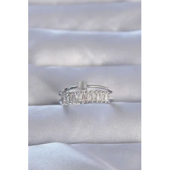 Pirinç Gümüş Renk Zirkon Taşlı Baget Su Yolu Model Ayarlanabilir Yüzük