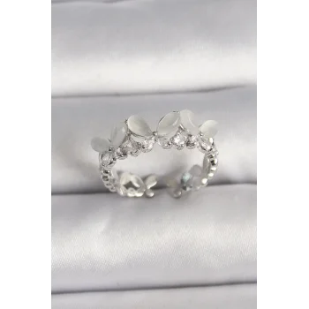 Pirinç Gümüş Renk Zirkon Taşlı Beyaz Mineli Kelebek Model Ayarlanabilir Yüzük