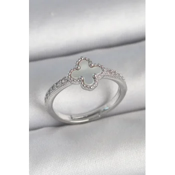 Pirinç Gümüş Renk Zirkon Taşlı Beyaz Mineli Yonca Model Ayarlanabilir Kadın Yüzük