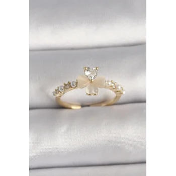 Pirinç Gümüş Renk Zirkon Taşlı Beyaz Mineli Yonca Model İnci Detay Ayarlanabilir Yüzük