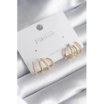 Pirinç Gümüş Renk Zirkon Taşlı Çatal Model Kadın Küpe