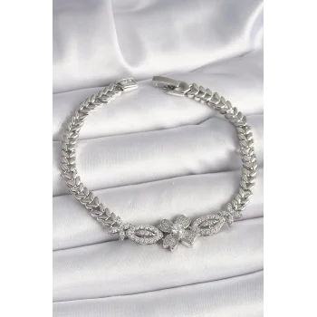 Pirinç Gümüş Renk Zirkon Taşlı Çiçek Figür Arpa Zincir Model Kadın Bileklik