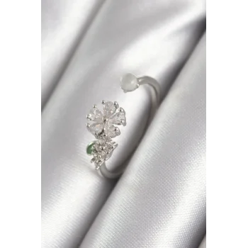 Pirinç Gümüş Renk Zirkon Taşlı Çiçek Model Kadın Yüzük