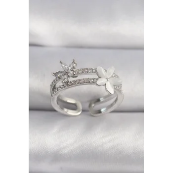 Pirinç Gümüş Renk Zirkon Taşlı Çiçek Model VIP Seri Kadın Yüzük