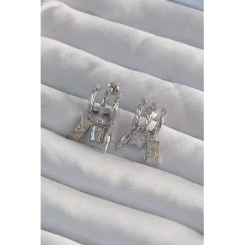 Pirinç Gümüş Renk Zirkon Taşlı Çoklu Aksesuarlı Yarım Halka Kaburga Küpe