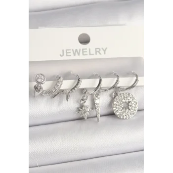 Pirinç Gümüş Renk Zirkon Taşlı Çoklu Figür Kadın Küpe Seti