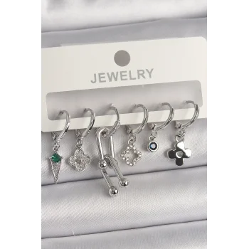 Pirinç Gümüş Renk Zirkon Taşlı Çoklu Figür Kadın Küpe Seti