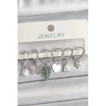 Pirinç Gümüş Renk Zirkon Taşlı Çoklu Figür Kadın Küpe Seti