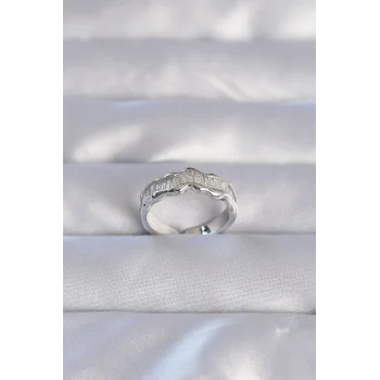 Pirinç Gümüş Renk Zirkon Taşlı Dalgalı Su Yolu Model Ayarlanabilir Yüzük