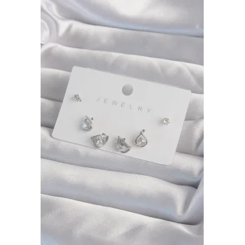 Pirinç Gümüş Renk Zirkon Taşlı Damla Model Küpe Seti