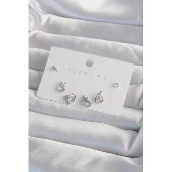 Pirinç Gümüş Renk Zirkon Taşlı Damla Model Küpe Seti