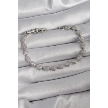Pirinç Gümüş Renk Zirkon Taşlı Damla Model VIP Seri Kadın Bileklik