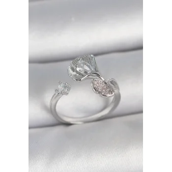 Pirinç Gümüş Renk Zirkon Taşlı Deniz Kabuğu Model Ayarlanabilir Kadın Yüzük