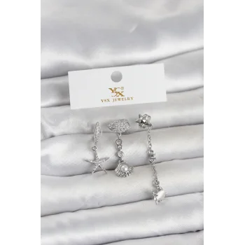 Pirinç Gümüş Renk Zirkon Taşlı Deniz Temalı 3lü Kadın Küpe