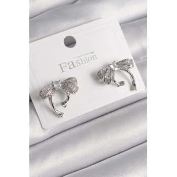 Pirinç Gümüş Renk Zirkon Taşlı Fiyonk Model Kadın Küpe