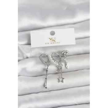 Pirinç Gümüş Renk Zirkon Taşlı Gece Temalı 3lü Kadın Küpe