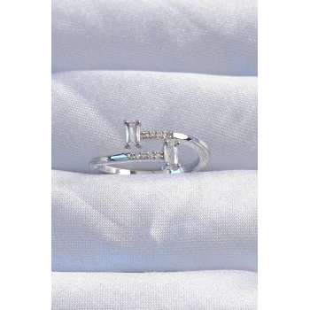 Pirinç Gümüş Renk Zirkon Taşlı Geometrik Ayarlanabilir Yüzük