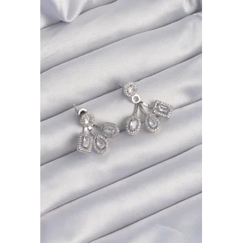 Pirinç Gümüş Renk Zirkon Taşlı Geometrik Model Küpe