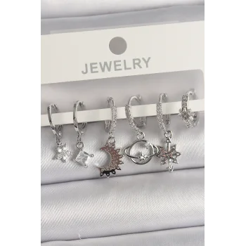 Pirinç Gümüş Renk Zirkon Taşlı Gezgen Model Kadın Küpe Seti